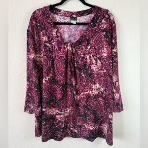 Salon Studio 3X Paisley Tie Neck Tunic Top Pink Purple Boho Stretch